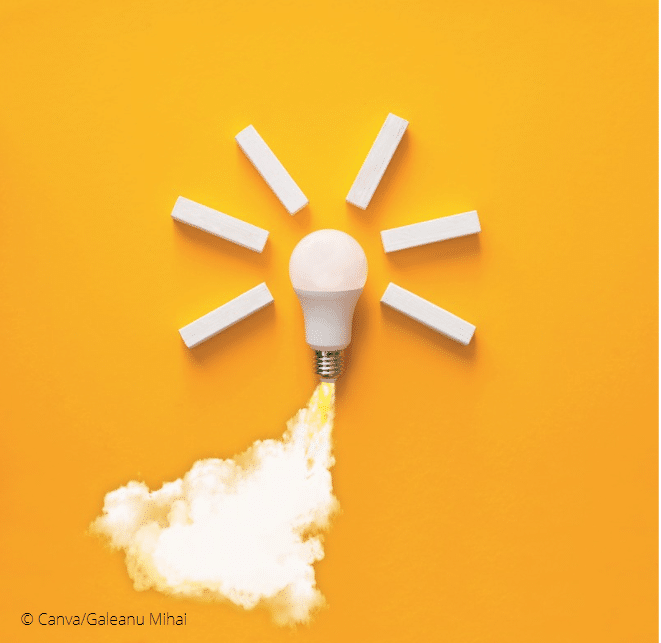 © Canva/Galeanu Mihai Eine Glühbirne, die mit Strahlen versehen als Idee in die Lust geht.