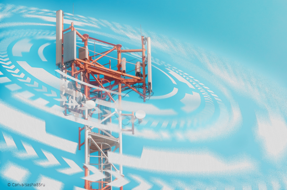 © Canva/sasha85ru Der obere Teil eines Funkmastes mit grafischem runden Muster als Kreis um diesen.