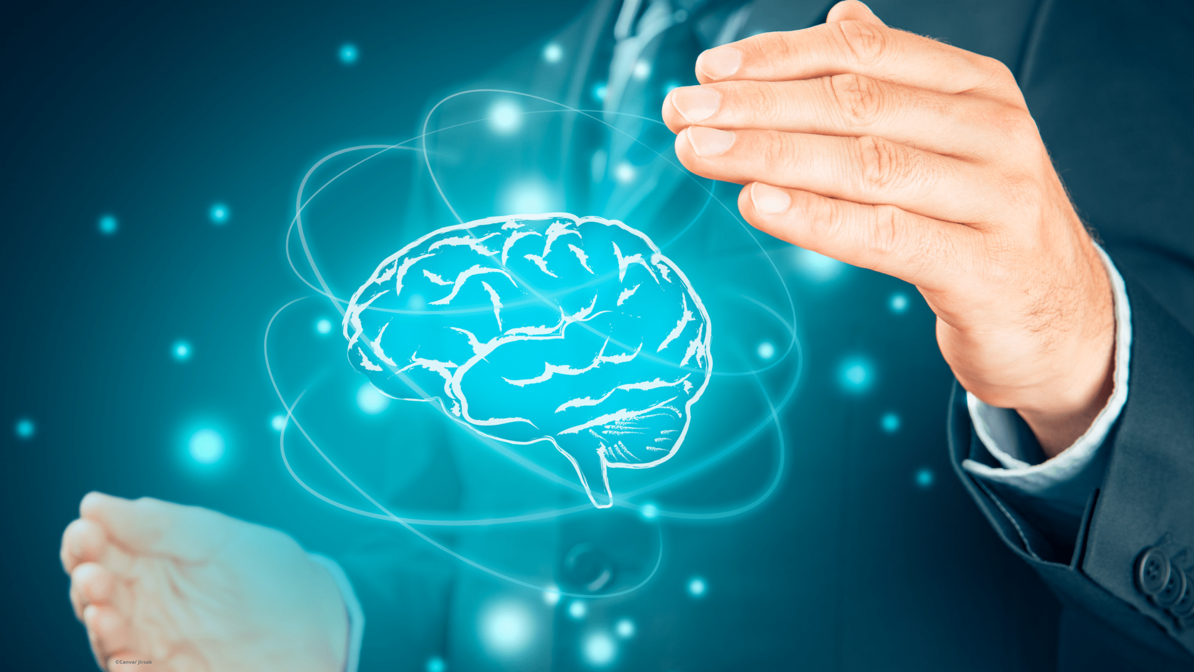 Zwei Hände zwischen denen eine Grafik mit einem Gehirn schwebt.