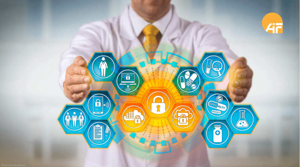 Ein Mann mit offenen Händen zwischen denen mehrere Symbole schweben.