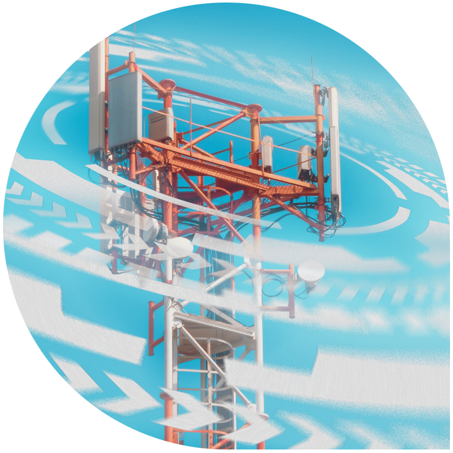 Eine Sendemast mit grafischen Elementen im Vordergrund.